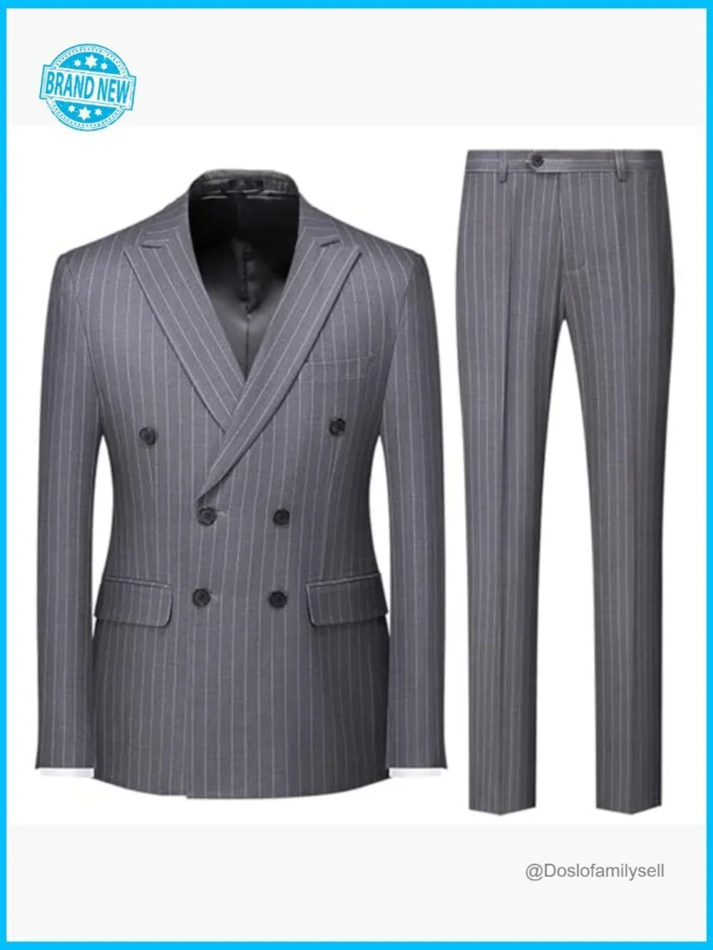Pinstripe Double Breasted Tuxedo Suit Slim Fit Formal Blazer Pants Classic